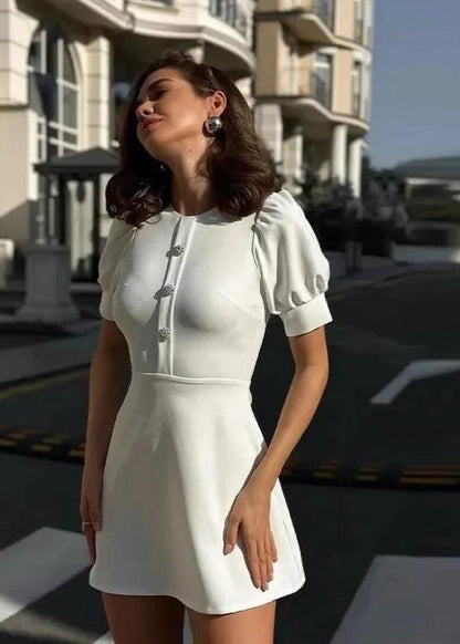 Peter Pan Collar Rhinestone Button Puff Sleeve A-Line Mini Dress