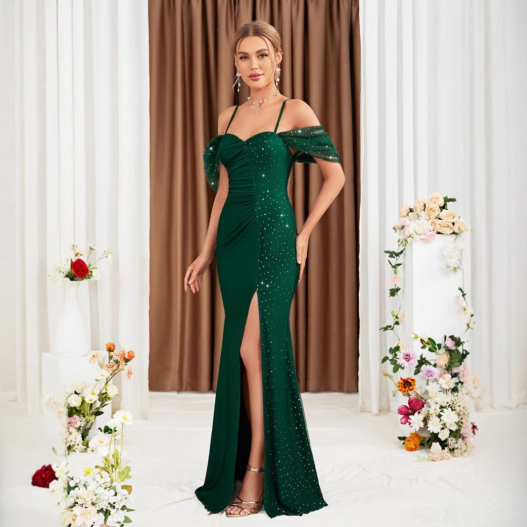 Off Shoulder Spaghetti Straps Evening Dress Slit Slim Fit Fishtail Gown Annual Meeting Performance Host Formal Dress