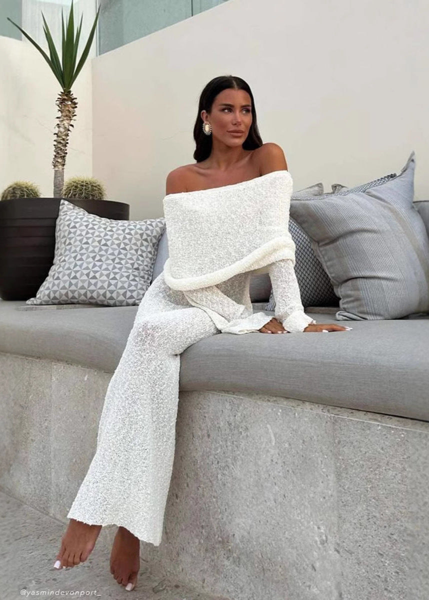 Off Shoulder Foldover Cuff Metallic Knit Bodycon Maxi Dress