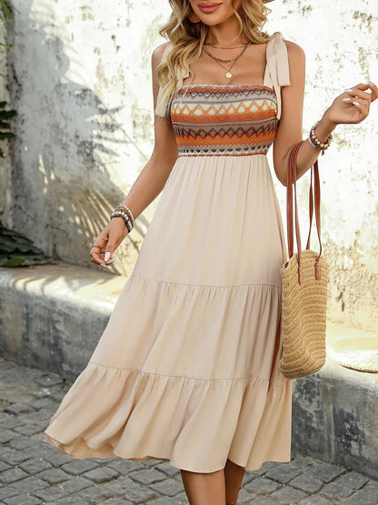 White Boho Embroidered Tiered Midi Sundress