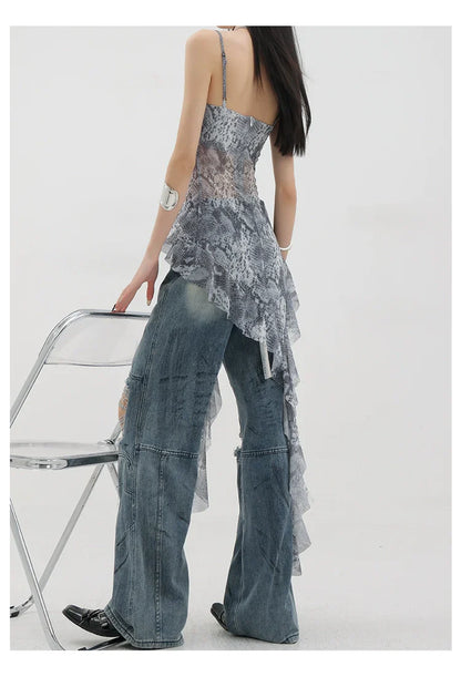 Black Asymmetric Ribbon Strap Tank Top With Ruffle Edge Design