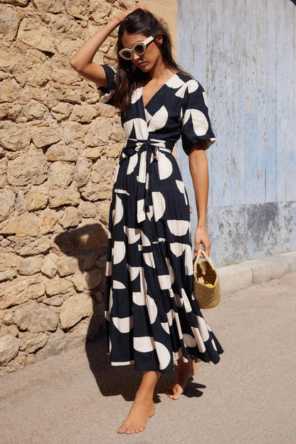 Casual V neck Printing Mid Length Dress