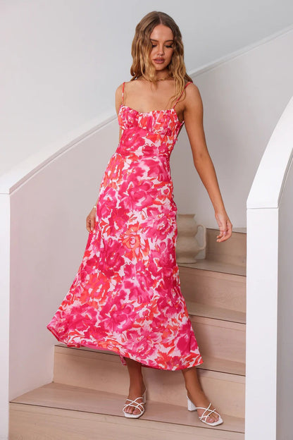 Large Floral Print Ruched Bust Spaghetti Strap Sweetheart Midi Dress