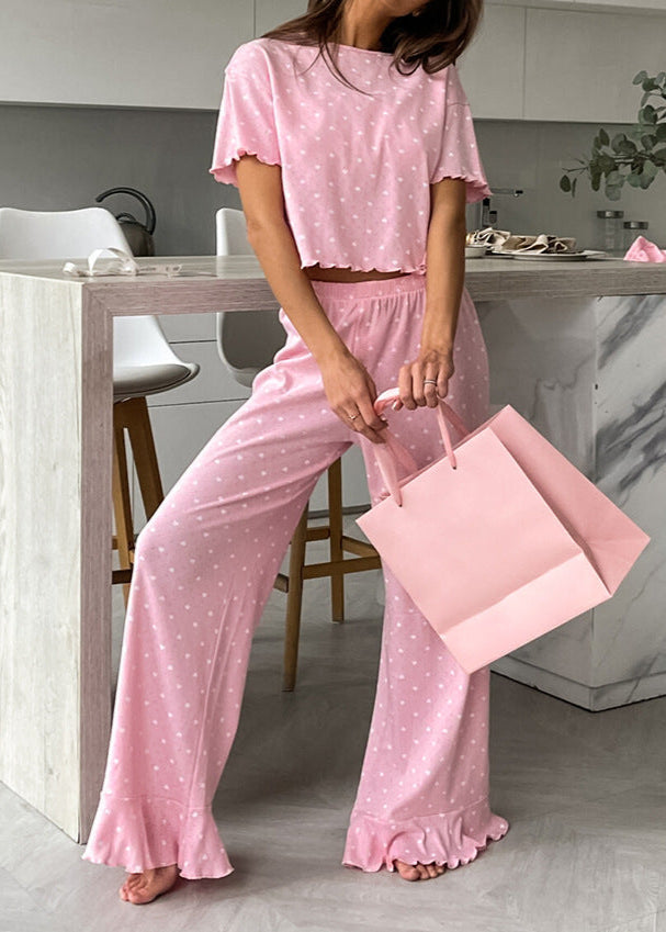Polka Dot Lounge Set with Ruffle Hem