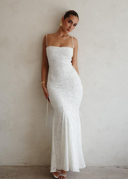 Jacquard Lace Pattern Square Neck Spaghetti Strap Side Tie Trumpet Maxi Gown