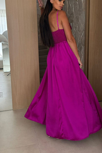 Solid Color Suspender Back Pleated Elegant Slit Full Hem Maxi Dress