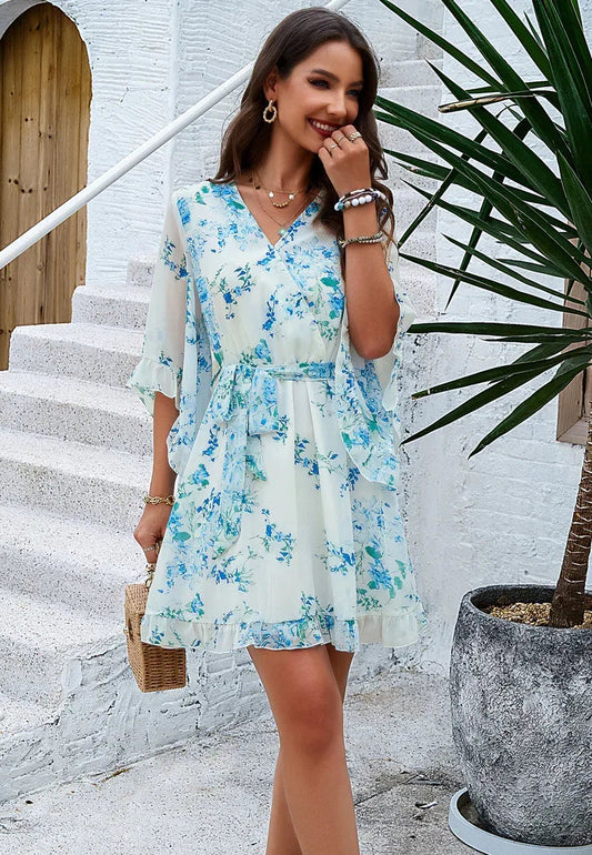Ruffle Floral Wrap Mini Dress Blue Blossom