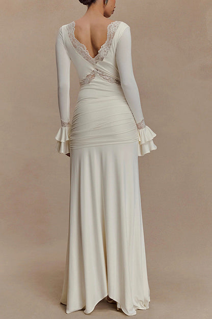 Fashion Lace Splicing Sexy V-neck Long-sleeved Slim Maxi Dress