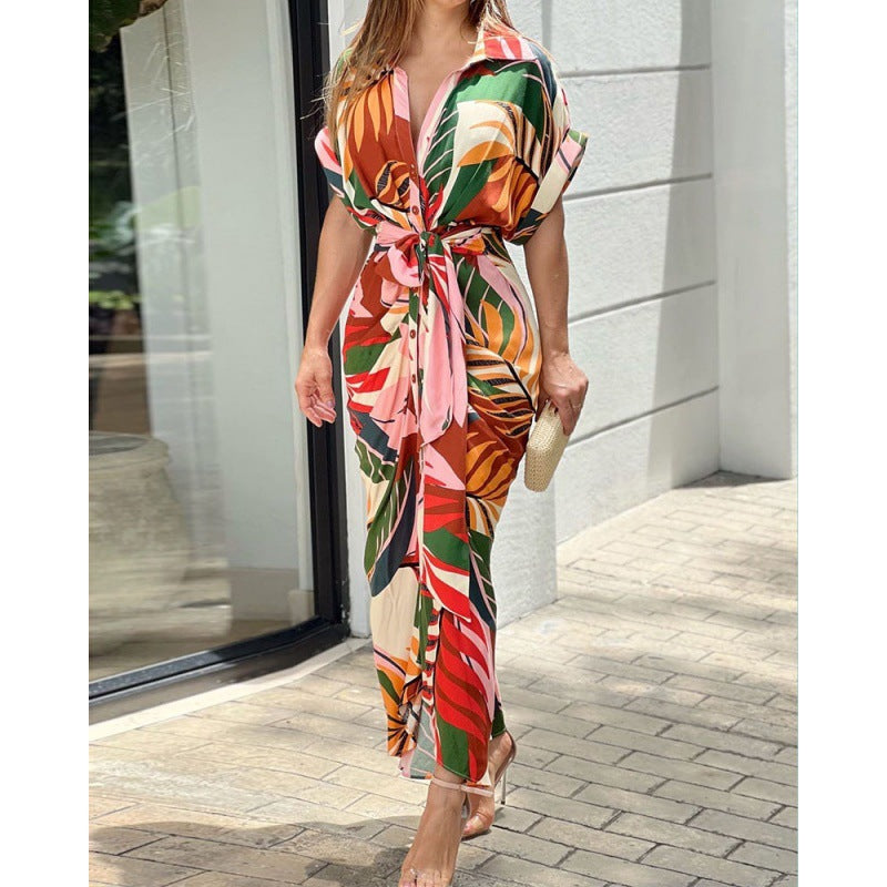 Tropical Leaf Print Button-Down Short Sleeve Tie-Waist Shirtdress Maxi Dress