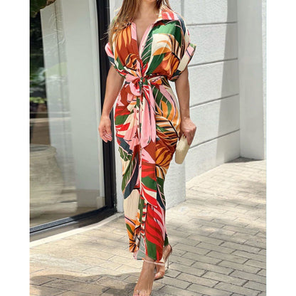 Tropical Leaf Print Button-Down Short Sleeve Tie-Waist Shirtdress Maxi Dress