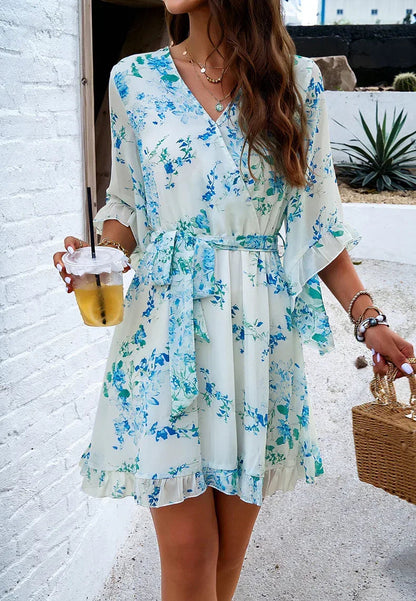 Ruffle Floral Wrap Mini Dress Blue Blossom