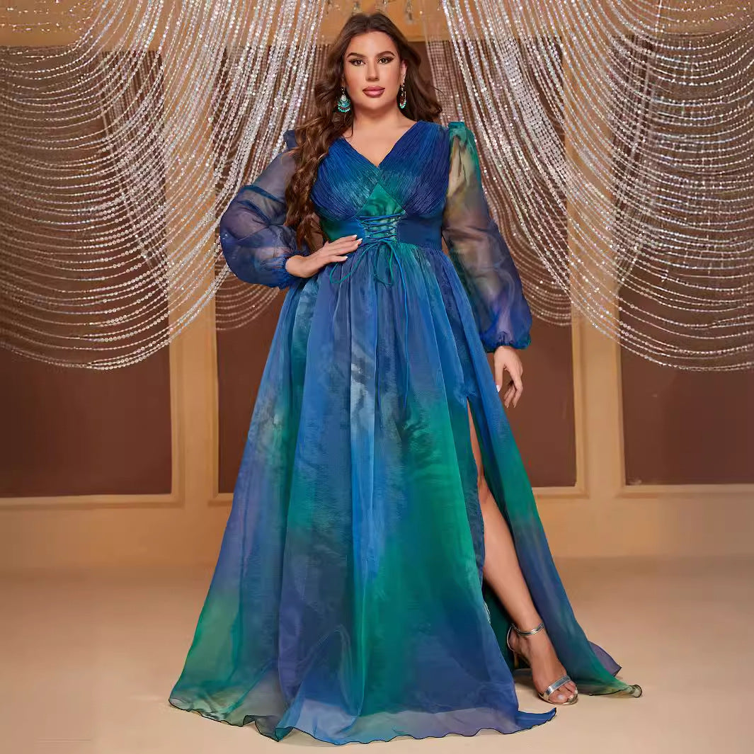 Plus Size Long Sleeve Dress V Neck Peacock Blue Tight Waist Split Elegant Dress