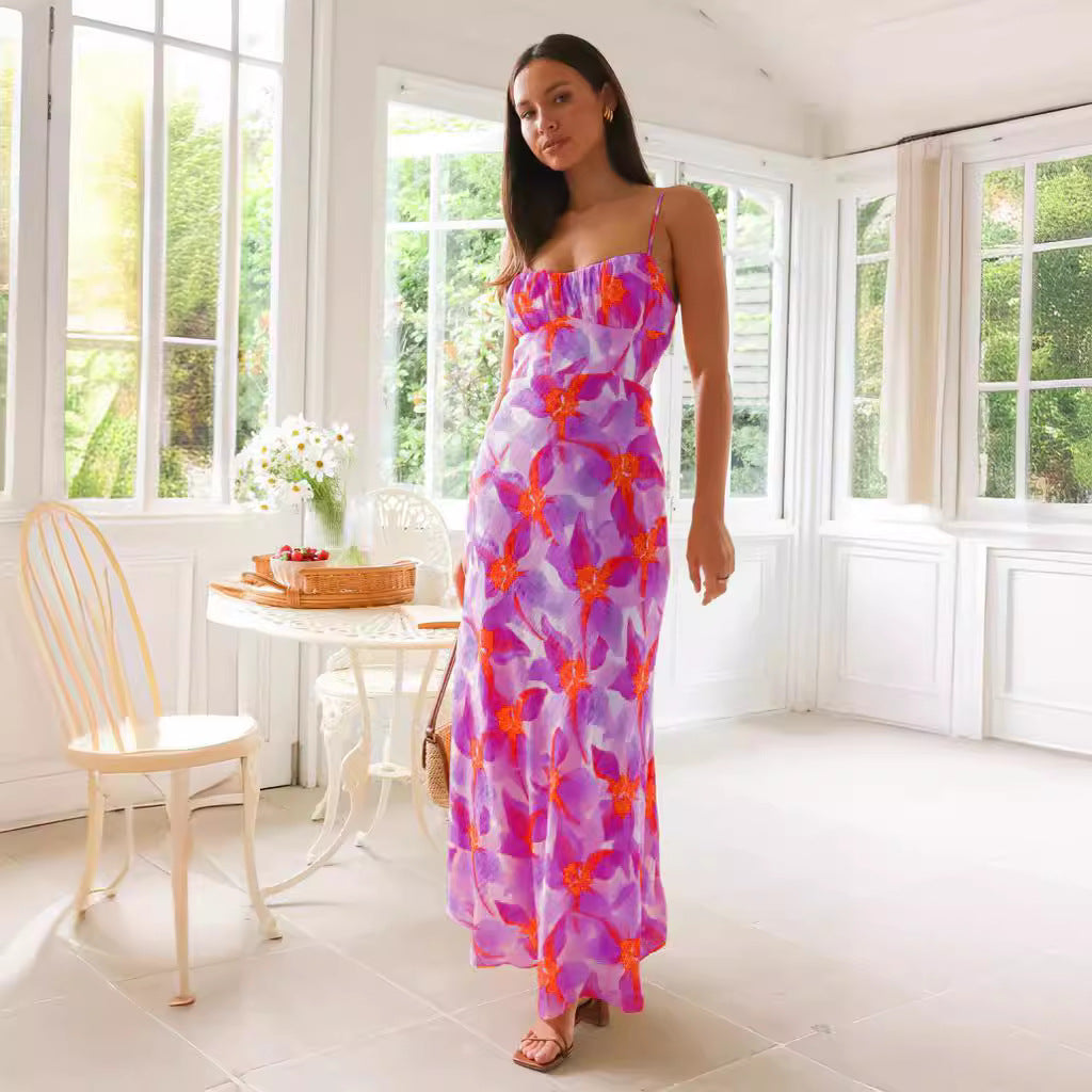Spaghetti Strap Ruched Bust Tropical Floral Print Satin Maxi Dress