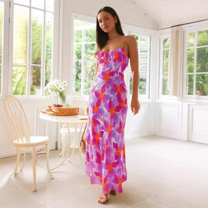 Spaghetti Strap Ruched Bust Tropical Floral Print Satin Maxi Dress