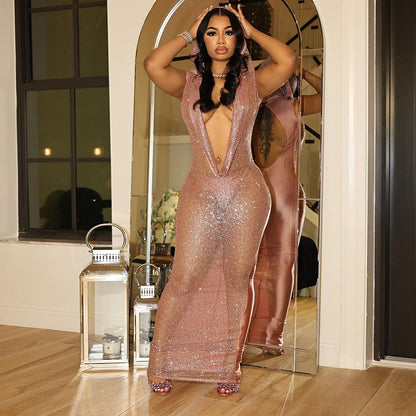 Deep V Plunge See through Sequined Maxi