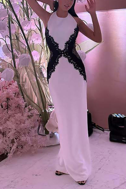 Sexy Halterneck Lace Paneled Backless Slim Maxi Dress