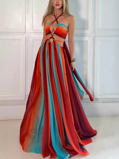 Colorful lucky chiffon printed ring with hollowed out design, slit holiday dress