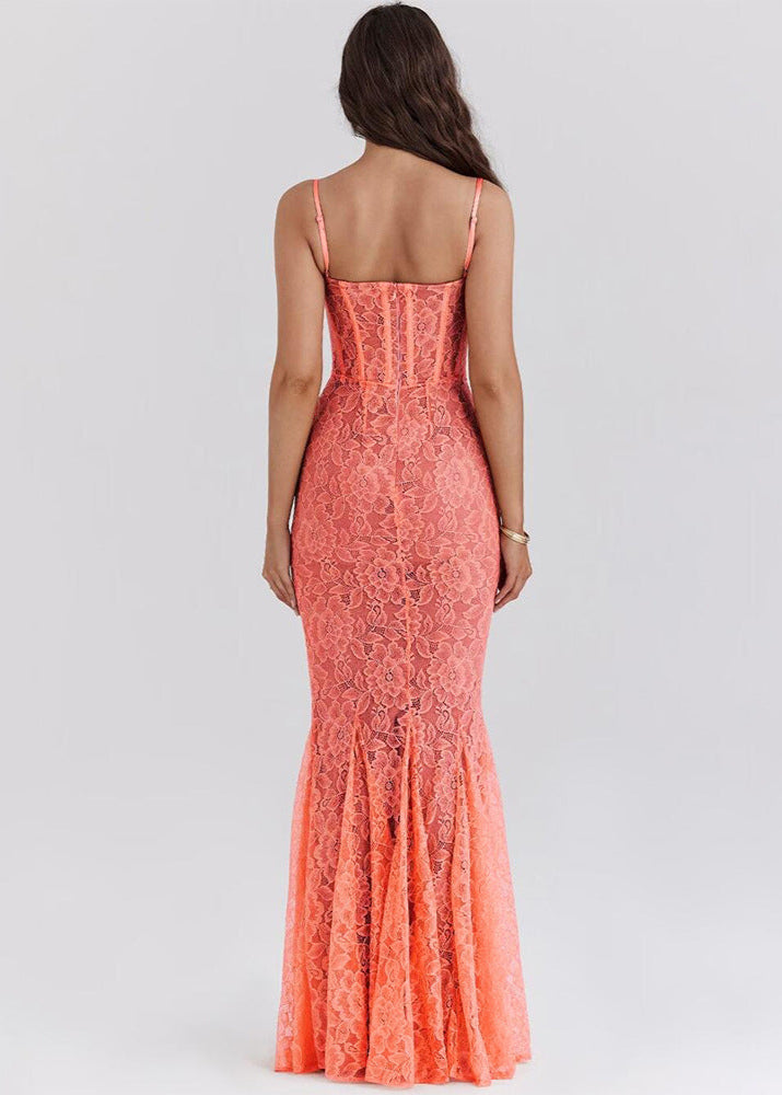 Floral Lace Bustier Corset Boning Mermaid Trumpet Floor-Length Gown