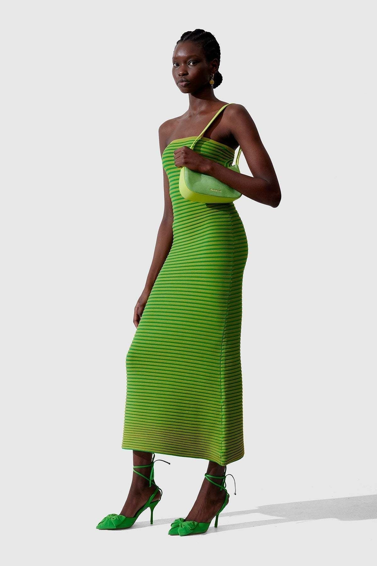 Horizontal Stripe Strapless Bodycon Knit Maxi Dress