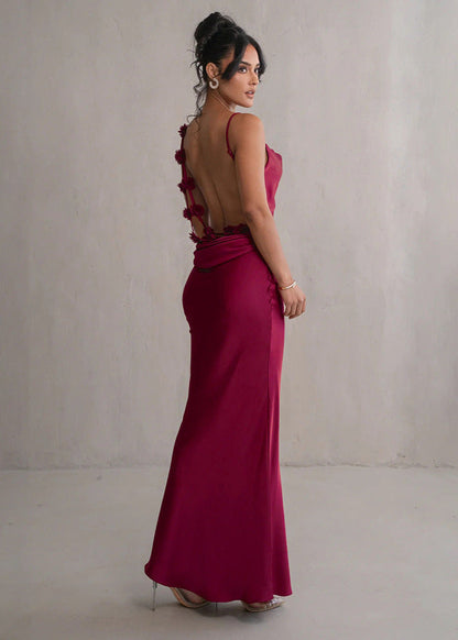 Satin Open Back Floral Rosette One-Shoulder Strap Floor-Length Gown