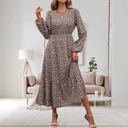 Ditsy Floral Round Neck Long Sleeve Smocked Waist Tiered Ruffle Maxi Dress
