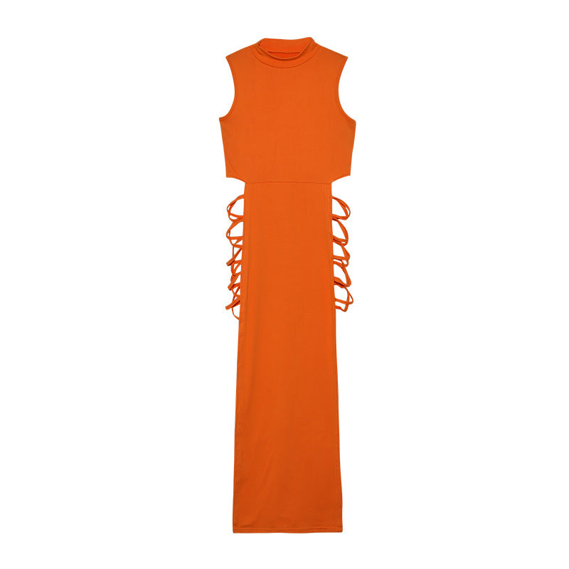 Mock Neck Sleeveless Side Lace-Up Cutout Bodycon Maxi Dress