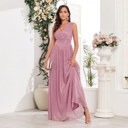 Pleated Shiny Double V Neck Large A Hem Party Evening Dress Short Sleeve Back Zipper Full Lining Prom Dress