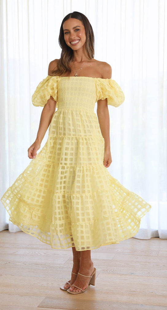 One Neck Lantern Sleeve Layer Stitching Dress