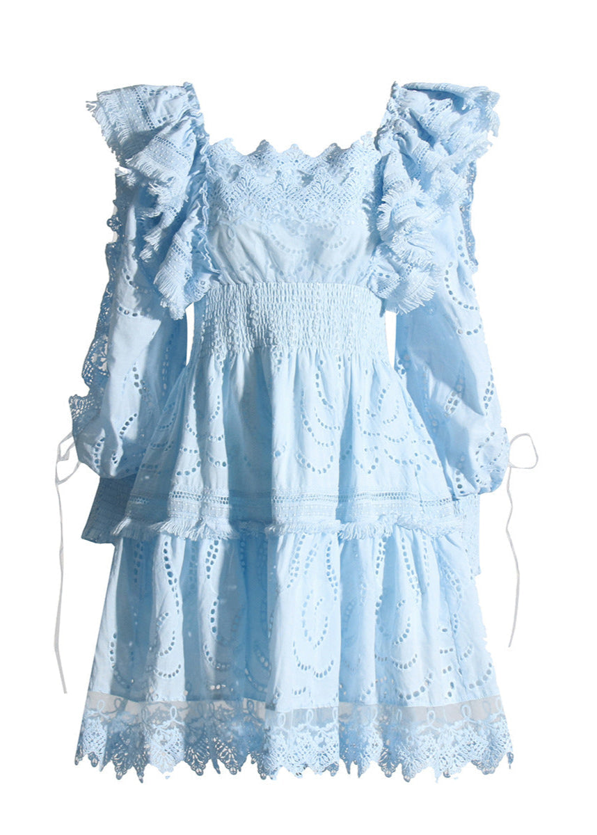 Seraphina Broderie Puff-Sleeve Dress Blue Smocked A-Line Mini