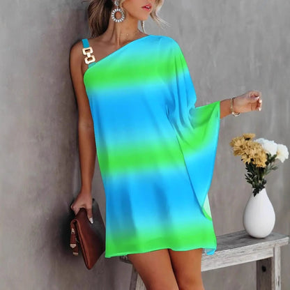 Ombre Stripe One-Shoulder Chain Strap Butterfly Cape Sleeve Mini Dress
