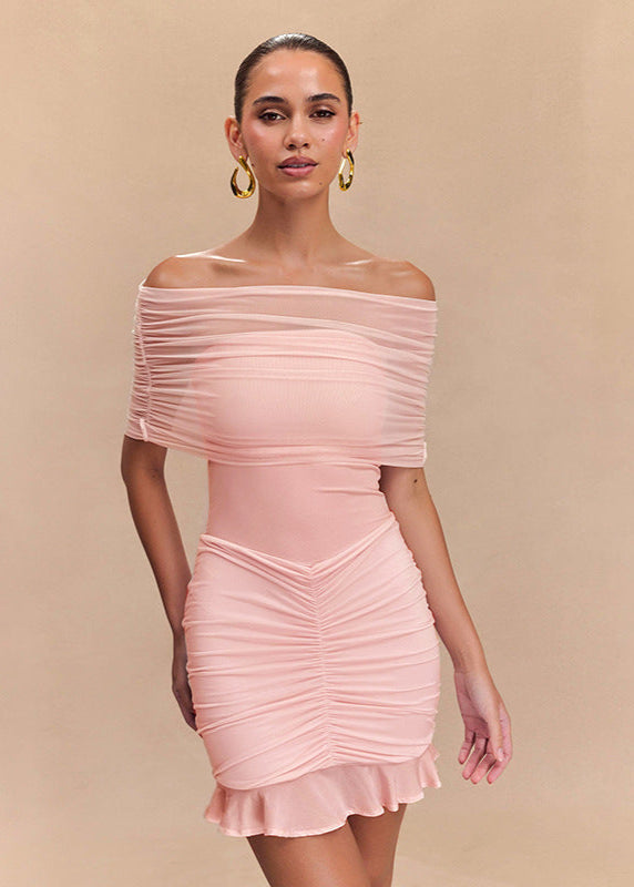 Off Shoulder Mesh Overlay Ruched Lettuce Hem Bodycon Mini Dress