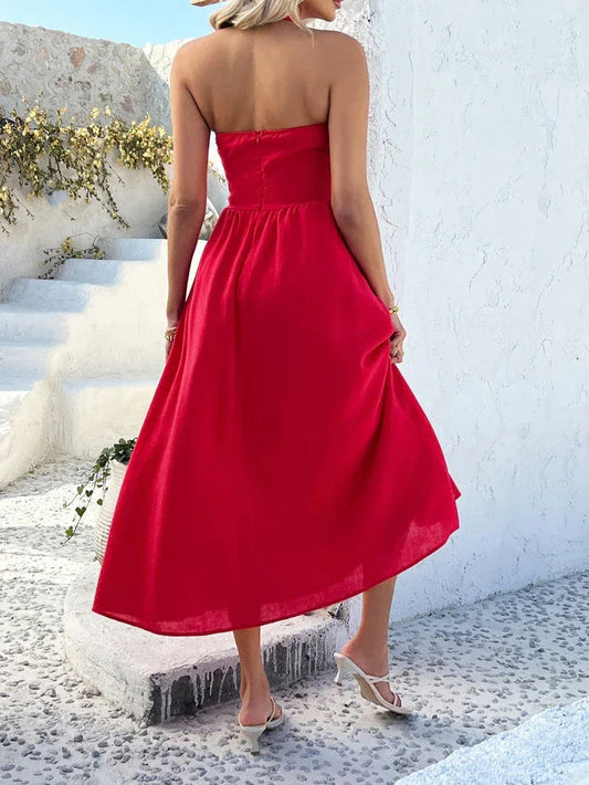 Red Maxi Dress with Halter Neckline and Backless Fit