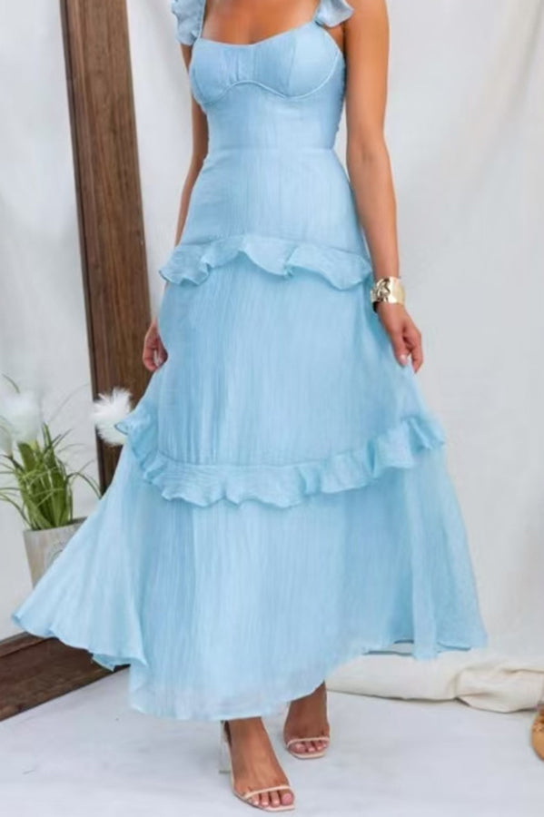 Solid Color Halter Backless Tie Elegant Ruffle Maxi Dress