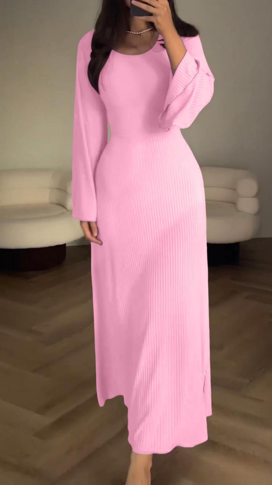Rib Knit Scoop Neck Long Sleeve Bell Cuff Bodycon Maxi Dress