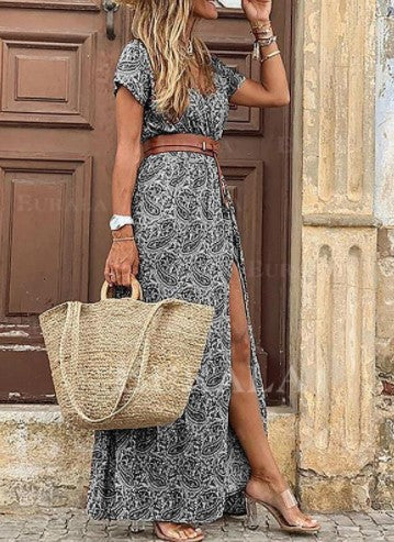 Paisley Print Deep V-Neck Short Sleeve High Slit Flowy Maxi Dress
