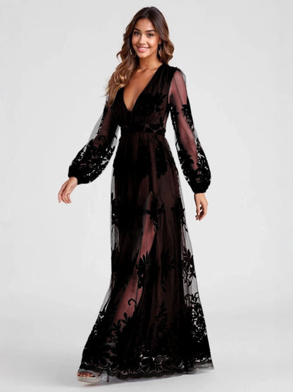Maxi Dress High Split Ladies Long Sleeves Evening Dress