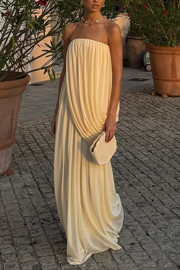 Solid Color Sleeveless Off-shoulder Draped Loose-fitting Holiday Maxi Dress