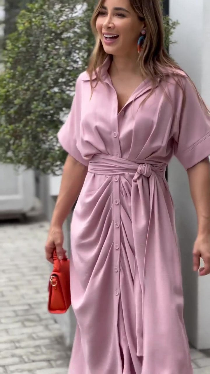Essence Satin Tie Front Midi Shirt Dress - Lavender