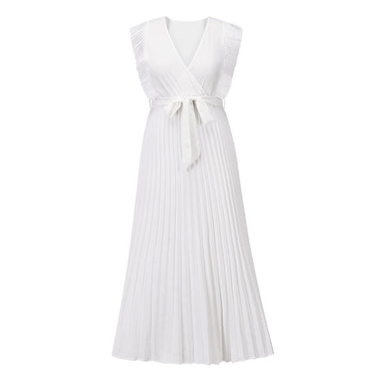 Elegant Beach DressSlim Fit Ruffle Sleeve Chiffon Pleated Solid Color Dress