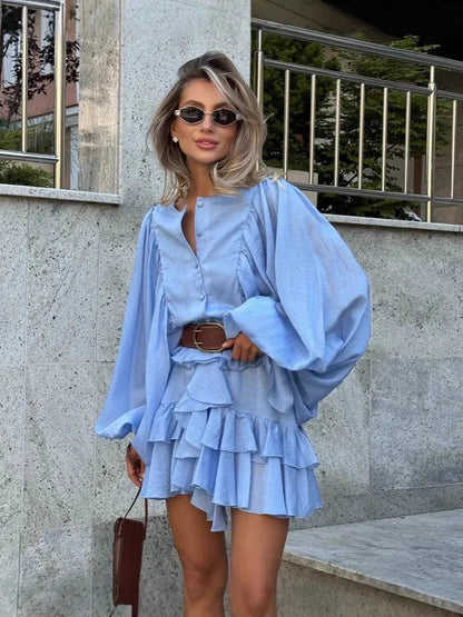 Layered ruffle lantern sleeve mini dress