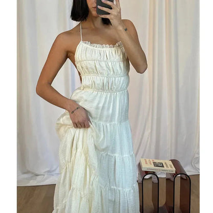 Ivory Tiered Backless Maxi Dress Summer Sundress