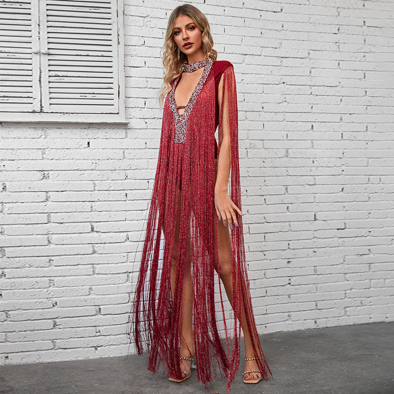 Deep V Plunge Luxury Rhinestone Tassel Dress Party High End Dinner Performance Dress