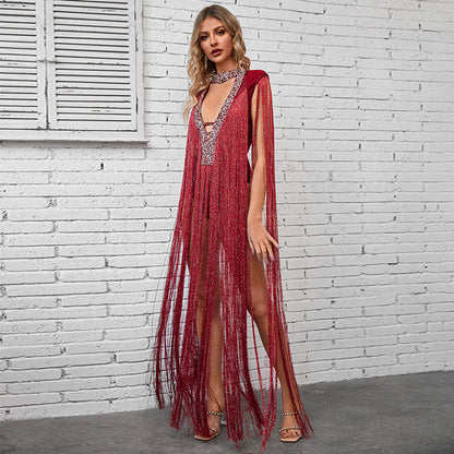 Deep V Plunge Luxury Rhinestone Tassel Dress Party High End Dinner Performance Dress