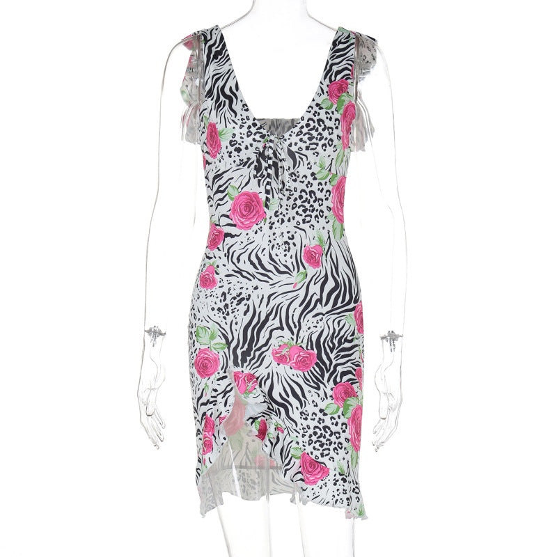 Printed Backless Slim Fit Split Dress