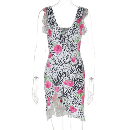 Printed Backless Slim Fit Split Dress