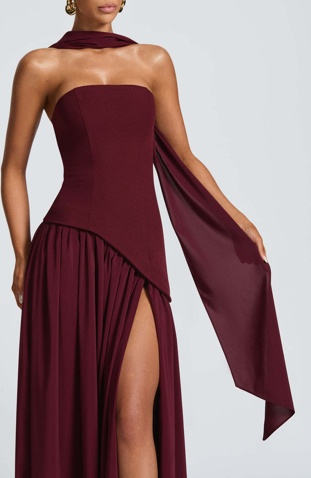 consonak Strapless Back Lace-up High Slit Splice Maxi Dress
