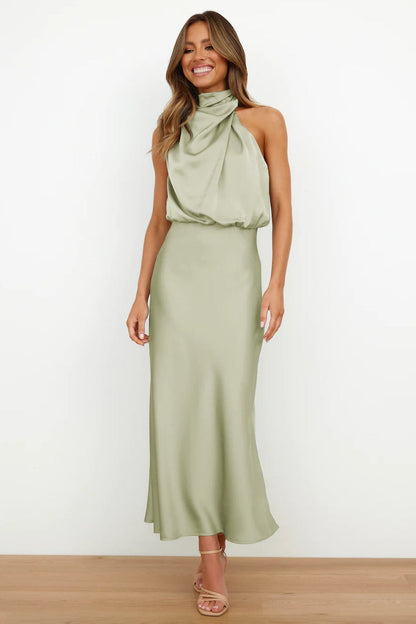Halter Draped Cowl Neck Gathered Waist Satin Maxi Dress