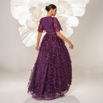 High End Short Sleeved Elegant V Neck Long Cocktail Evening Dress Bridesmaid Dress Mesh Large Swing