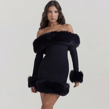 Black Plush Long Sleeve off Shoulder Dress  Fur Backless Hip