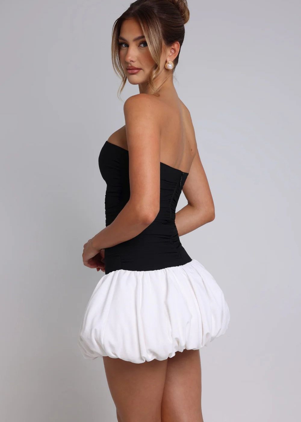 Strapless Ruched Bodice Drop Waist Bubble Hem Pocket Mini Dress